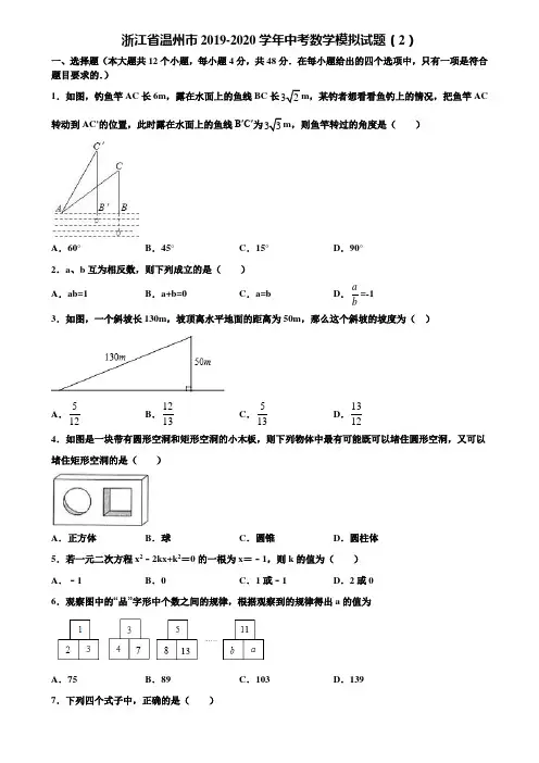 浙江省温州市2019-2020学年中考数学模拟试题(2)含解析