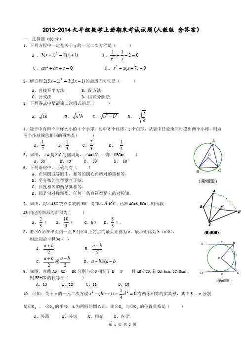 2013-2014九年级数学上册期末考试试题(人教版 含答案)
