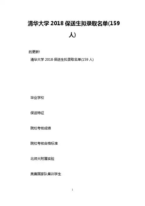 清华大学2018保送生拟录取名单(159人)