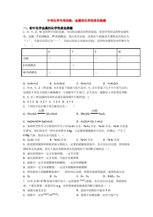 中考化学专项训练：金属的化学性质训练题