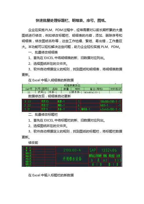 快速批量处理标题栏、明细表、序号、图纸。
