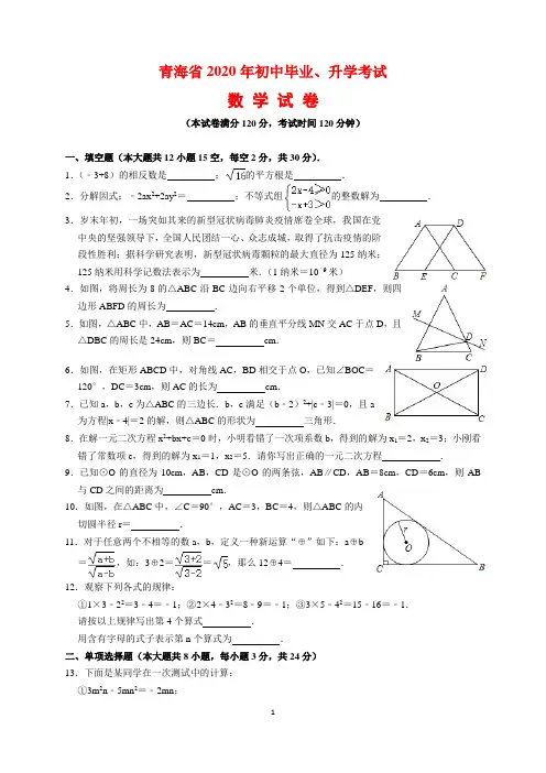2020年青海省中考数学试题及参考答案(word解析版)