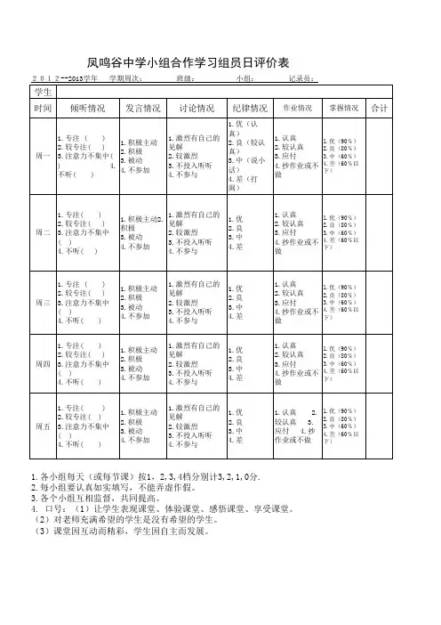 凤鸣谷中学学习小组日评价表