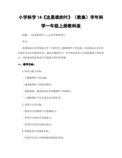小学科学14《这是谁的叶》(教案)学年科学一年级上册教科版