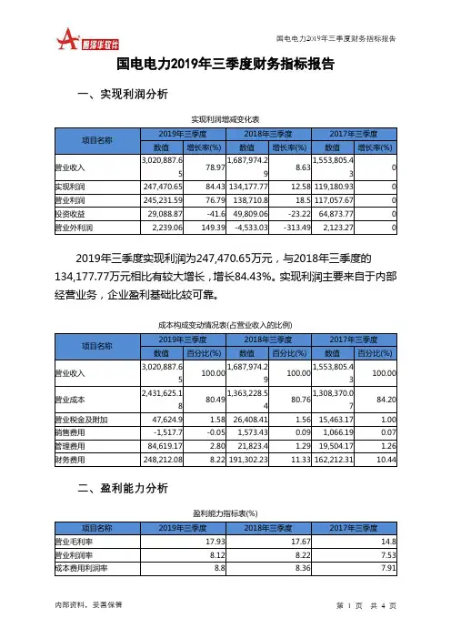 国电电力2019年三季度财务指标报告