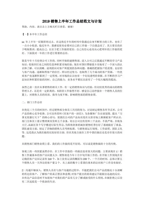 2019销售上半年工作总结范文与计划