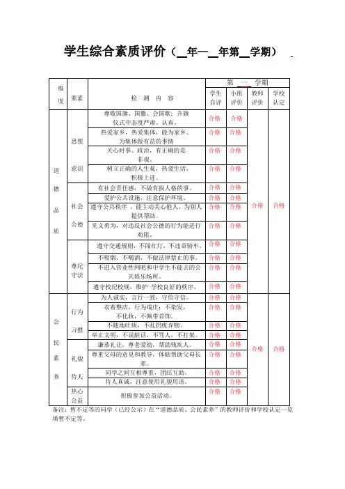 学生综合素质评价(样表)