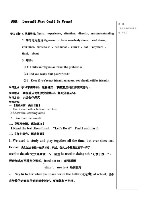 冀教版英语九年级全一册 Unit 9：Lesson 51 What Could Be Wrong？.