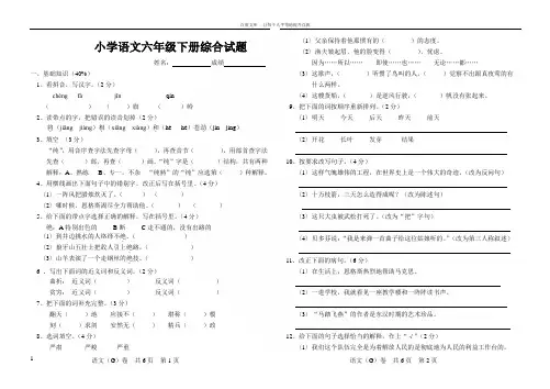 小学语文六年级下册综合试题