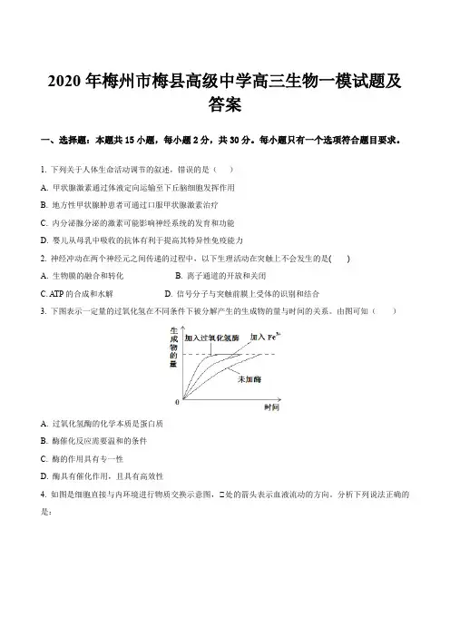 2020年梅州市梅县高级中学高三生物一模试题及答案