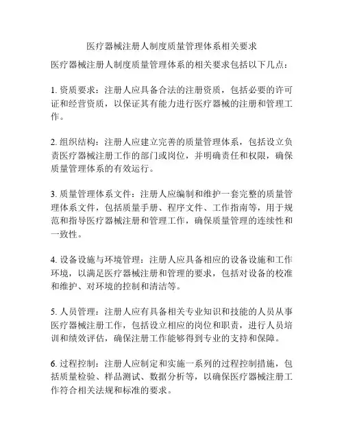 医疗器械注册人制度质量管理体系相关要求