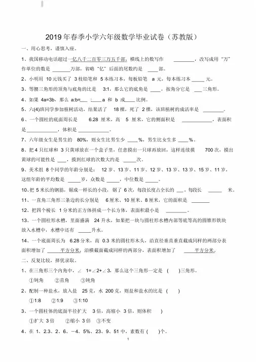 2019年小学六年级小升初数学毕业模拟试卷附参考答案