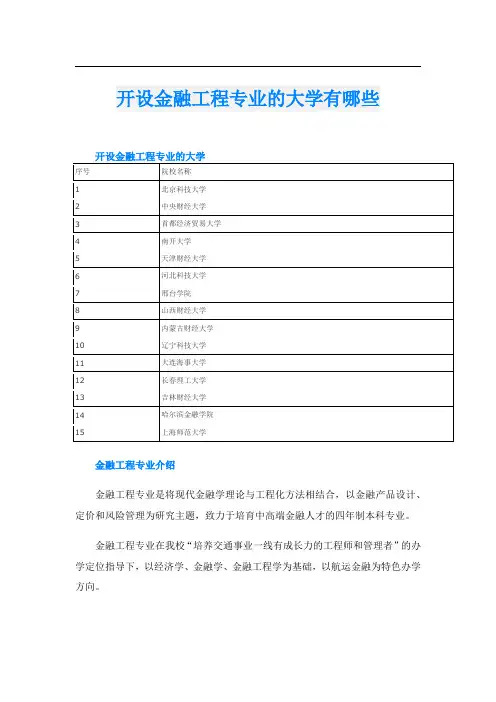 开设金融工程专业的大学有哪些