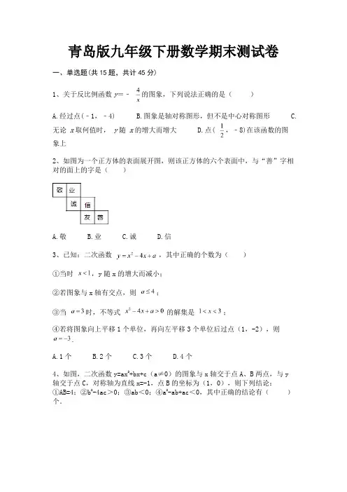 青岛版九年级下册数学期末测试卷(适用考试)