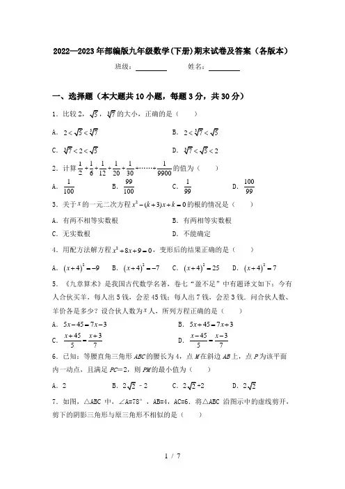 2022—2023年部编版九年级数学(下册)期末试卷及答案(各版本)