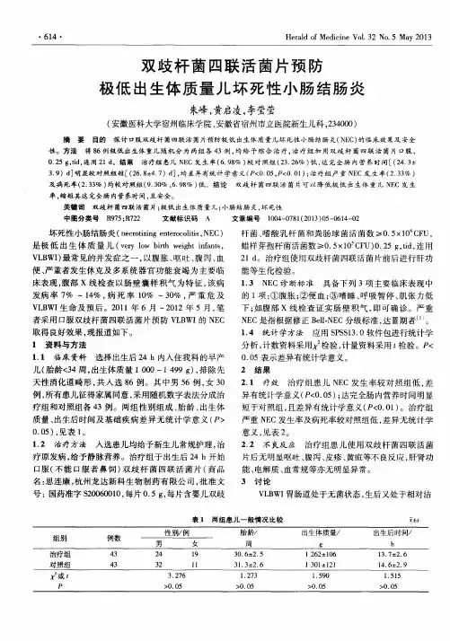 双歧杆菌四联活茵片预防极低出生体质量儿坏死性小肠结肠炎