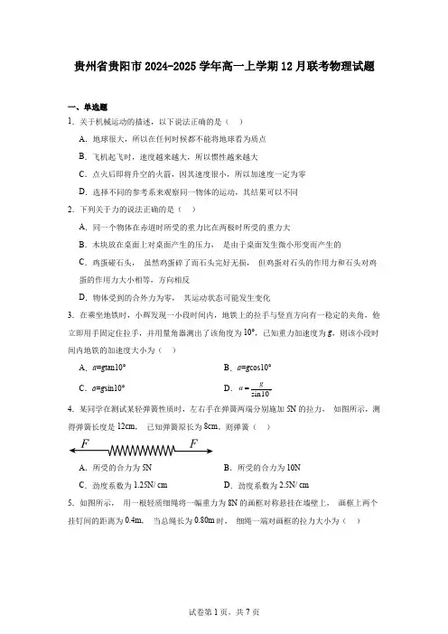 贵州省贵阳市2024-2025学年高一上学期12月联考物理试题