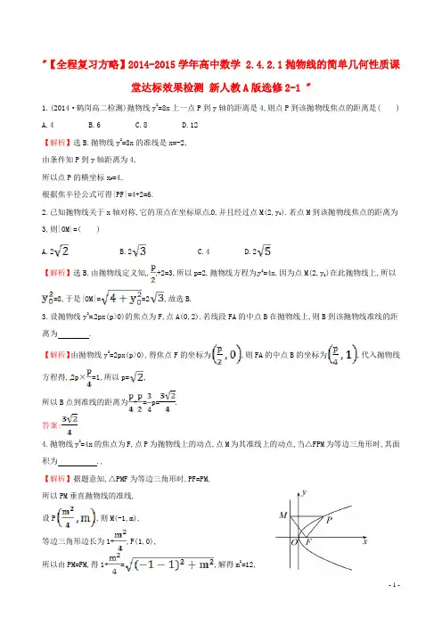 【全程复习方略】2014-2015学年高中数学 2.4.2.1抛物线的简单几何性质课堂达标效果检测 新人教A版选修2-1