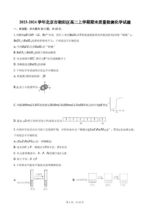 2023-2024学年北京市朝阳区高二上学期期末质量检测化学试题(含答案)