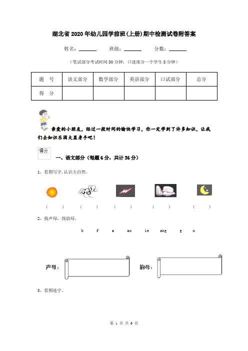 湖北省2020年幼儿园学前班(上册)期中检测试卷附答案