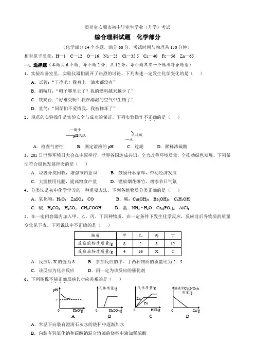 最新贵州省安顺市中考化学试题(word版,含答案)