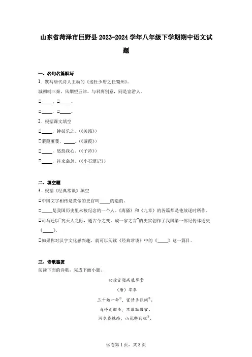 山东省菏泽市巨野县2023-2024学年八年级下学期期中语文试题