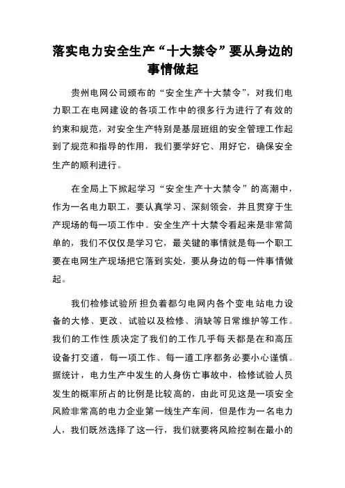 落实电力安全生产“十大禁令”要从身边的事情做起