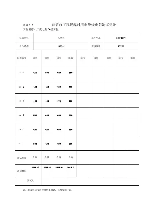现场临时用电绝缘电阻测试记录8.5.8