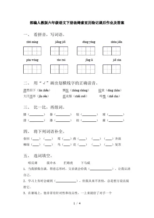 部编人教版六年级语文下册汤姆索亚历险记课后作业及答案