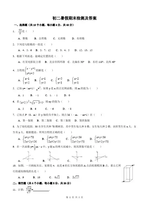 北师大版八年级上册数学暑假班期末检测及答案