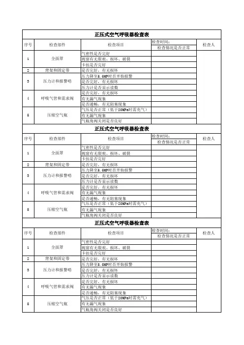 正压式空气呼吸器维护保养表