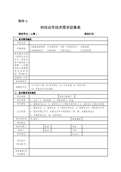 科技合作技术需求征集表