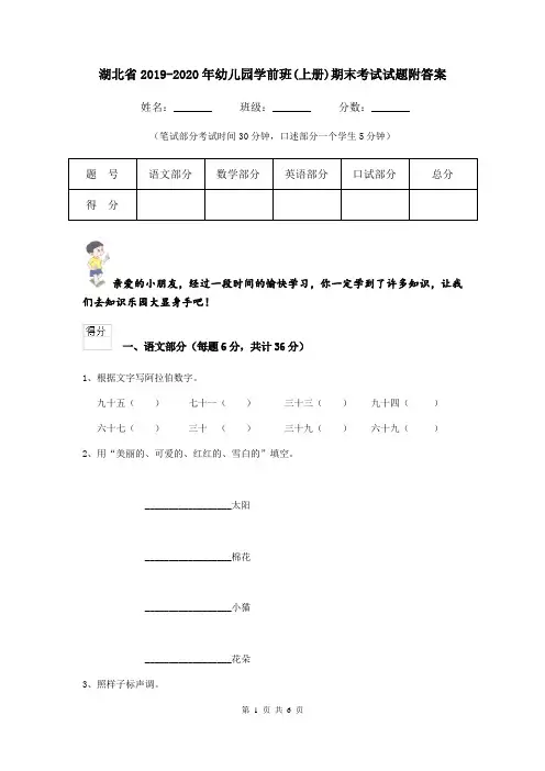 湖北省2019-2020年幼儿园学前班(上册)期末考试试题附答案