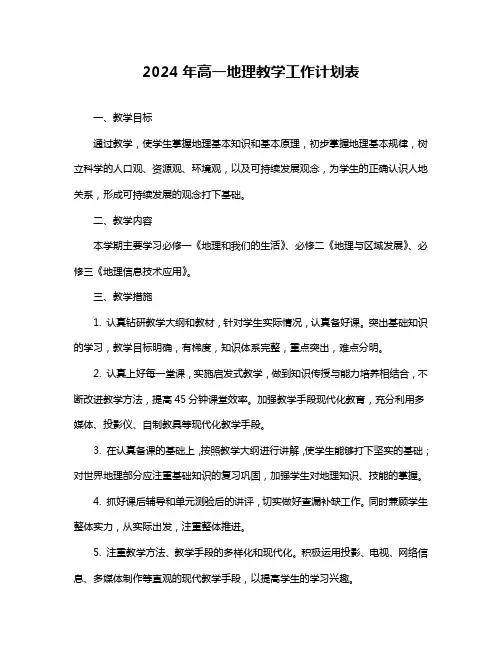 2024年高一地理教学工作计划表