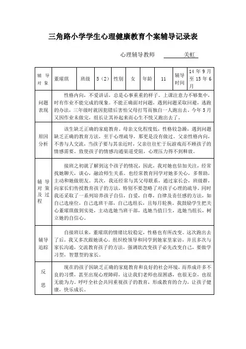 五(2)班学生心理健康教育个案辅导记录表
