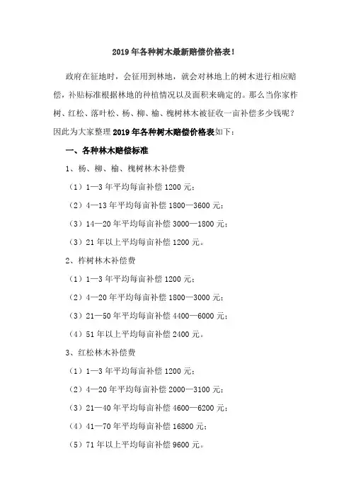 2019年各种树木最新赔偿价格表
