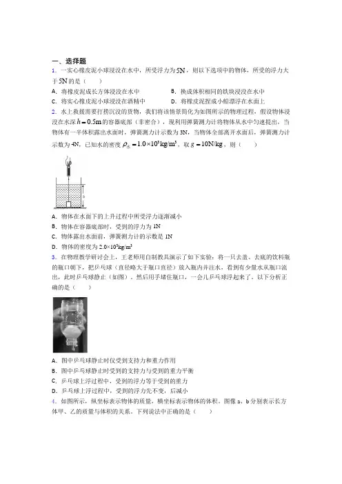 新人教版初中八年级物理下册第十章《浮力》检测题(含答案解析)