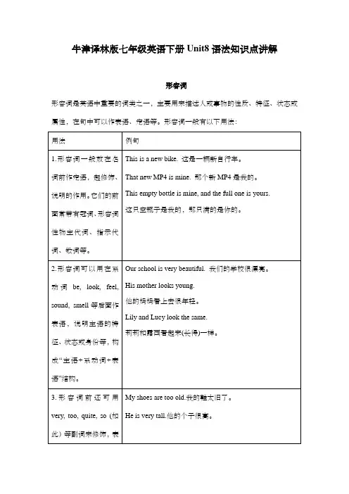 牛津译林版七年级英语下册Unit8语法知识点讲解 形容词及不定代词用法