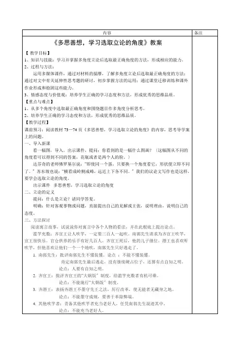 高中语文《多思善想,学习选取立论的角度》教案