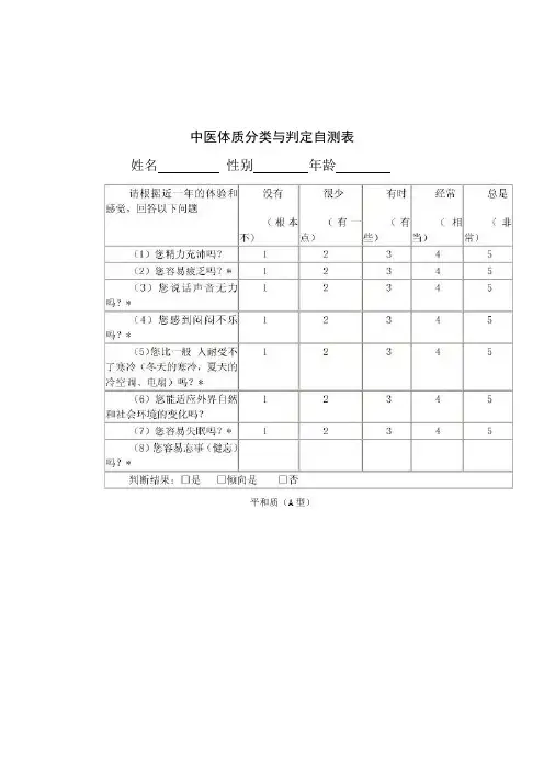 中医体质分类与判定自测表