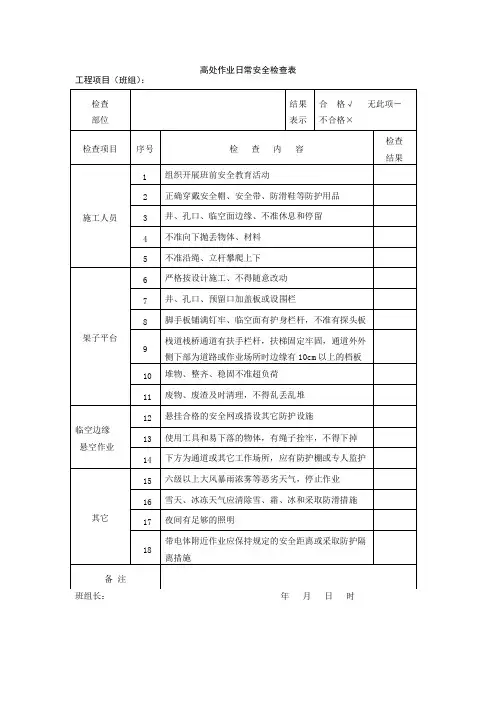 高处作业日常安全检查表