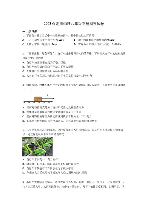 2023保定市物理八年级下册期末试卷