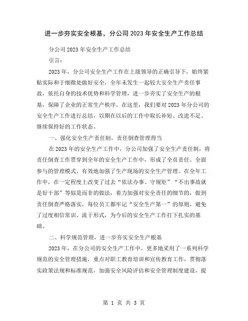 进一步夯实安全根基,分公司2023年安全生产工作总结