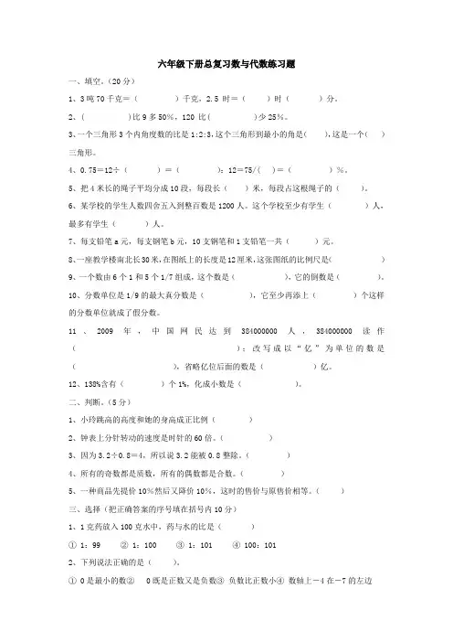 六年级下册总复习数与代数练习题