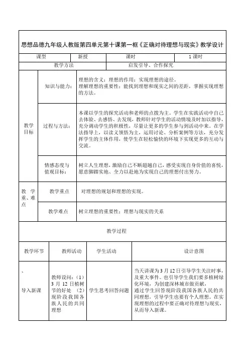 《正确面对理想与现实》 教学设计