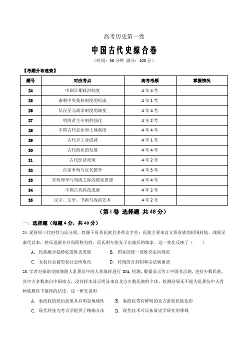 2020届高考历史大二轮阶段与模块十二密卷第01卷 中国古代史综合卷(原卷版)