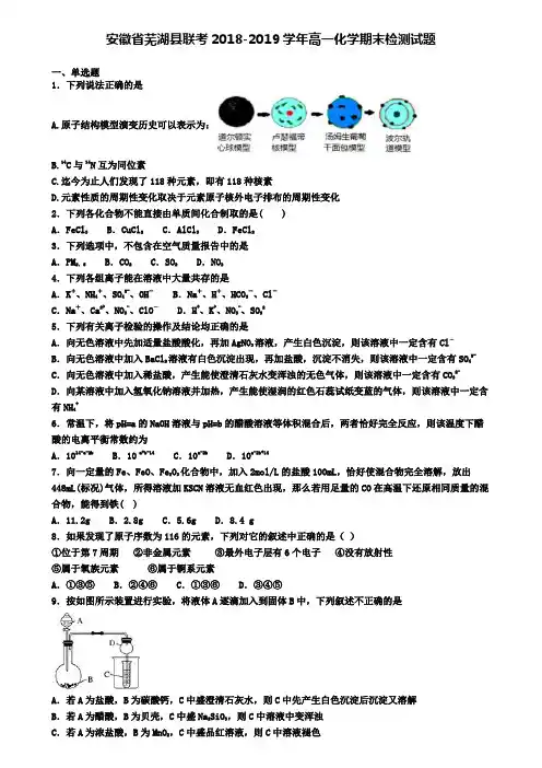 安徽省芜湖县联考2018-2019学年高一化学期末检测试题