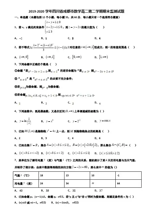 2019-2020学年四川省成都市数学高二第二学期期末监测试题含解析