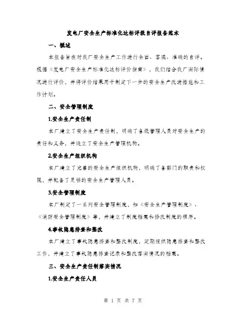 发电厂安全生产标准化达标评级自评报告范本（二篇）