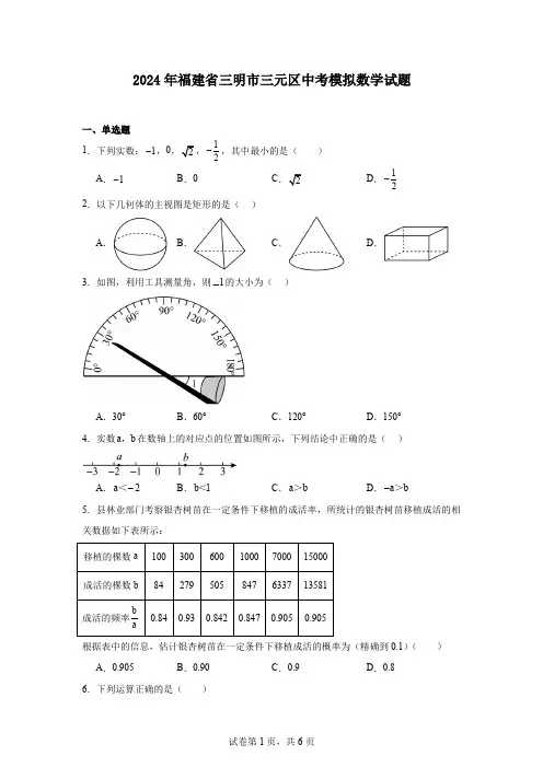 2024年福建省三明市三元区中考模拟数学试题